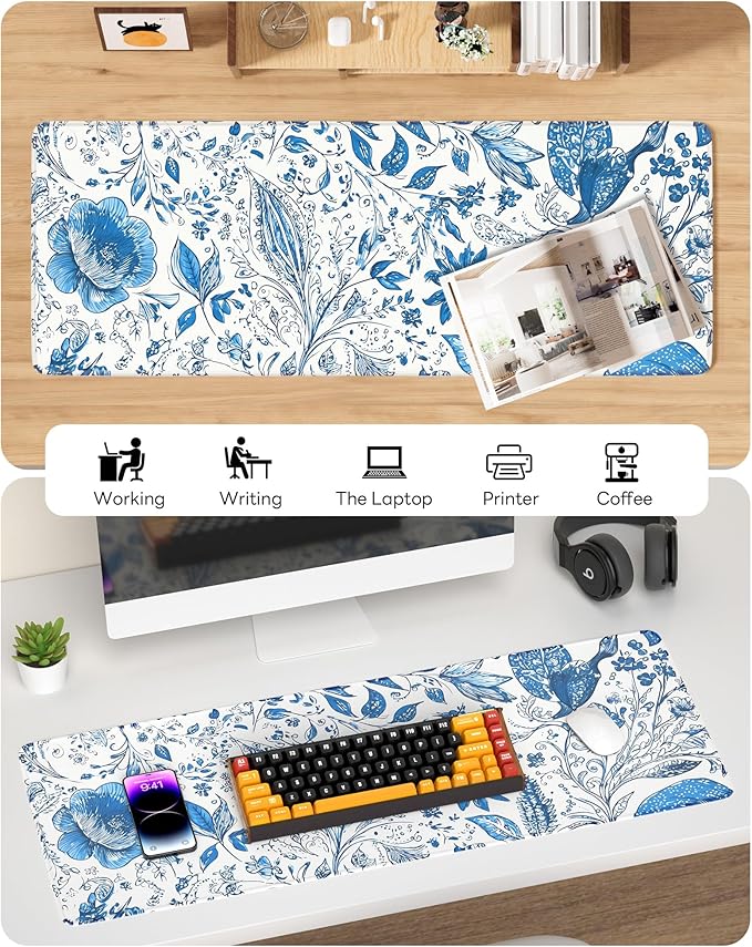 Floral Mouse Pad, 31.5 x 11.8 Large Desk Mat with Stitched Edges & Non-Slip Base, Mousepad for Office, Home, Work, Gaming, Blue Flower