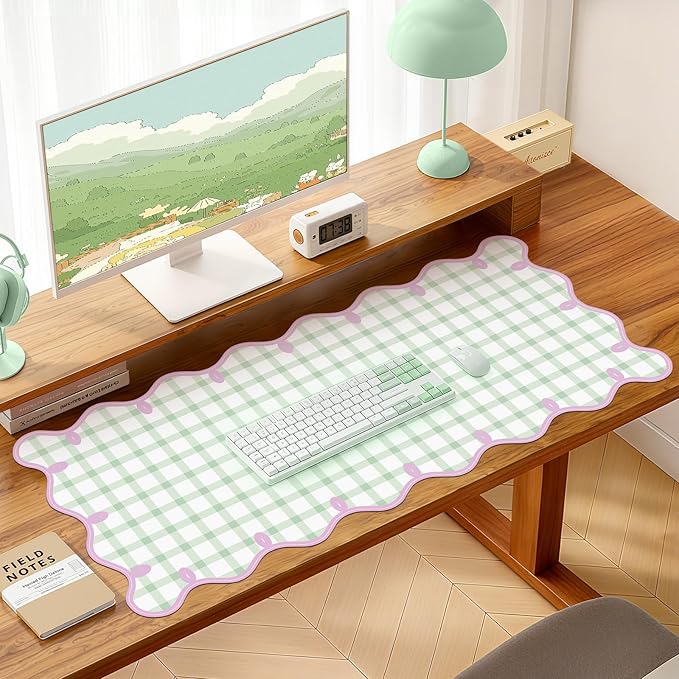 Leather Desk Pad, Desk Mat Mouse Pad, Non-Slip Mousepad Waterproof PU Table Cover Blotter for Computer Laptop Extra Large Keyboard Mat for Women Girl Office Home Dorm, Soft Pink + Green Checkered