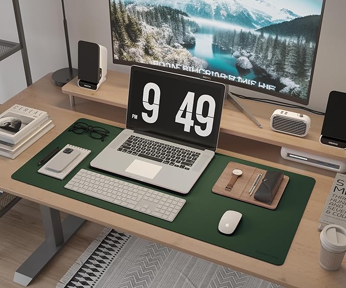 RENMTURE Desk Pad, Cork & PU Leather Desk Mat, Large Mouse pad, Non-Slip Desk Protector and Blotter, Waterproof Writing Pad, Desk Accessories and Organizers for Home Office (Deep Green,36"x17")