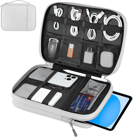 Dadanism Electronics Travel Organizer Case, Double Layers Cord Organizer Travel All-in-One Storage Bag for Cable, Cord, iPad, Chargers, fits 9-11'' Tablets, Portable Tech Accessories Bag, Gray White