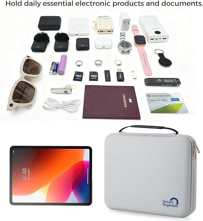Electronics Organizer Case,Travel Essentials Bag for iPad,Tablet, Charger, Cables, Power Bank,Lapel Mic, Earphones, Watches, Tech Accessories Carry Bag for Travel, Live Streaming, Business Trip