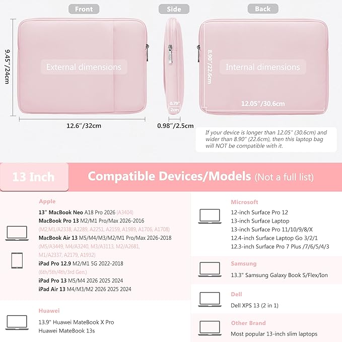 HYZUO 13 Inch Laptop Sleeve Bag Set for MacBook Air 13 M5/M4/M3/M2/M1 A3449 2026-2018, 13" MacBook Neo 2026 A3404, MacBook Pro 13 M2/M1 2026-2016, iPad Pro/Air 13, XPS 13, Surface Pro, Pale Pink