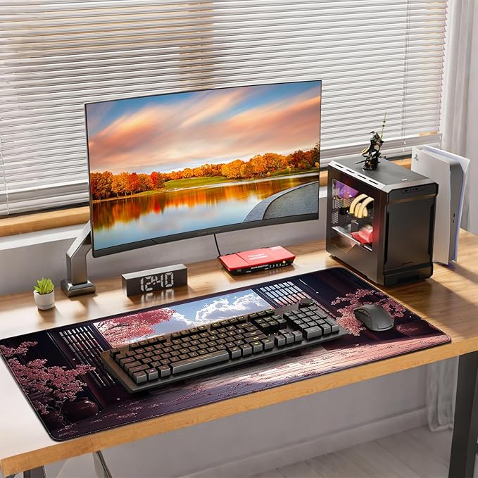 Extended Gaming Mouse Pad, Japanese Cherry Blossom Mountain Design, 35.4 x 15.7 Inches, Microfiber Cloth, Non-Slip Rubber Base, Stitched Edges