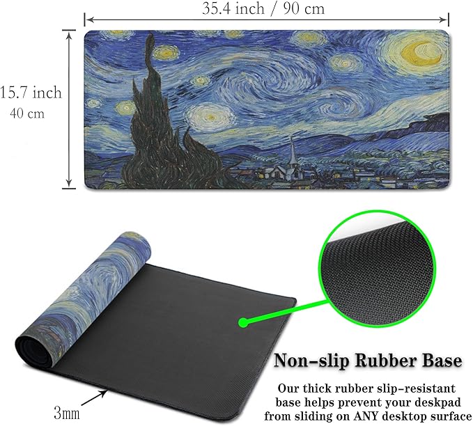 Keyboard Mouse Pad Blue Computer Desk Pads XXL Mousepad Pad for Mouse Non-Slip Rubber Base Waterproof with Stitched Edges 35.4" X 15.7" for Game Office, The Starry Night