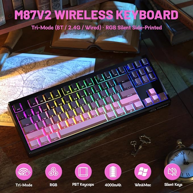 M87V2 87 Keys Membrane Gaming Wireless Keyboard,80% TKL Layout Side Printed Keys Retro Cute Creamy,RGB Backlit 4000mAh 2.4G/BT/Wired Computer Silent Keyboard for MAC PC-Gradient Pink