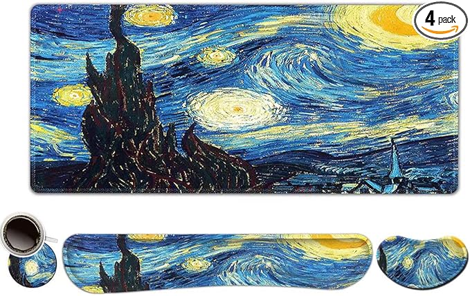 ToLuLu Extended Gaming Mouse Pad, Memory Foam Ergonomic Keyboard Mouse Wrist Rest Support Set, Large Desk Mat with Stitched Edges, Non-Slip Base Mousepad for Home Office, Van Gogh Starry Night