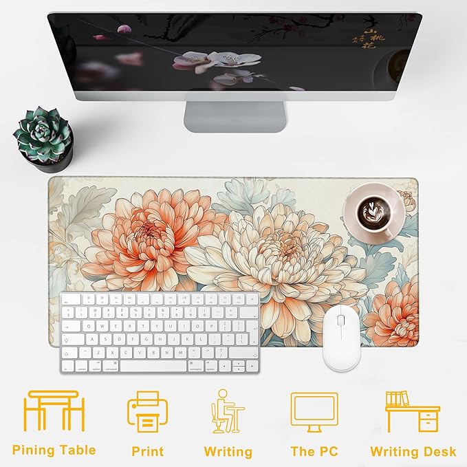 Desk Mat Blooming Chrysanthemums Desk Pad for Keyboard and Mouse, Large Big Gaming Mouse Pad with Stitched Edges for Work Game, 35.43 x 15.75 in