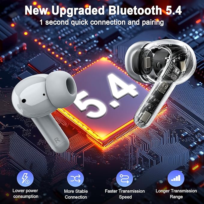 Wireless Earbuds, 2026 Bluetooth 5.4 Headphones 3D Bass Hi-Fi Stereo Ear Buds, 4 ENC Noise Cancelling Mic, 40Hrs USB-C in-Ear Earphones, IP7 Waterproof Workout Sport for Laptop Pad Android iOS, Grey