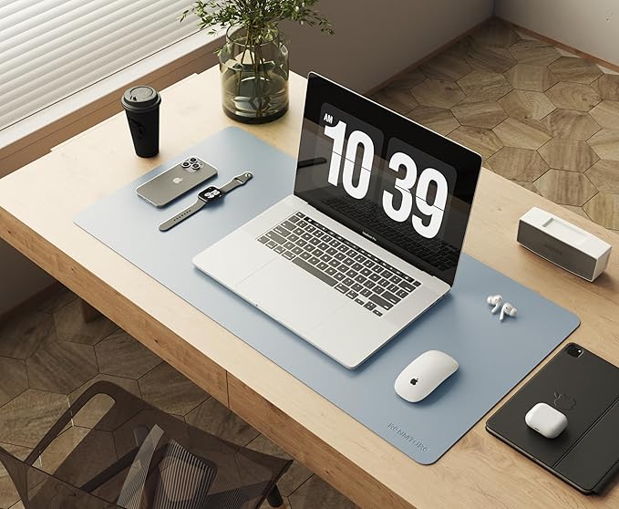 RENMTURE Double-Sided Two-Tone Faux Leather Desk mat Desktop Organization and Accessories Home and Office Large Mouse pad Game and Work (Blue/Gray, 32"x16")