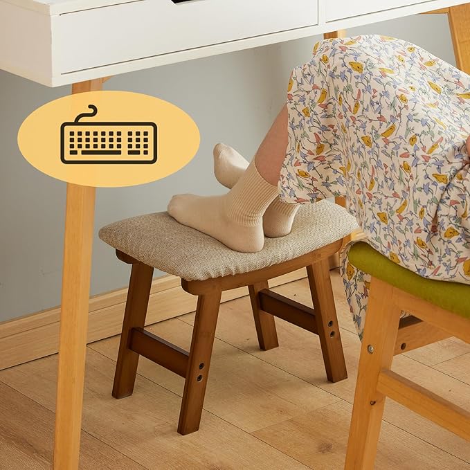 Foot Stool Ottoman Foot Rest Under Desk,Small Stool for Living Room, Bedroom and Kitchen (Brown Legs - Beige Stool Surface)