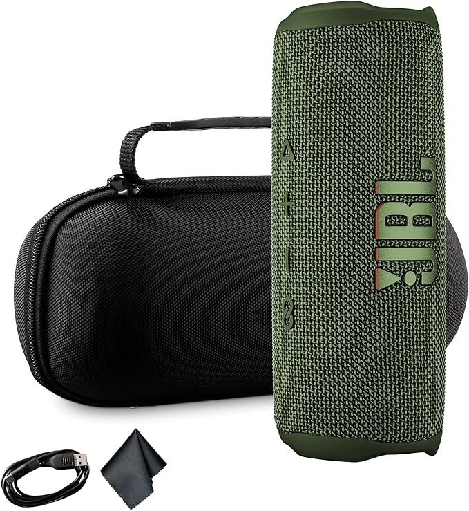 JBL Flip 6 Portable Wireless Speaker | Deep Bass Sound, IP67 Waterproof Rating | Bluetooth Audio for Outdoor, Travel, Beach, Hiking, and Home Use (Green) with Travel Case + Microfiber Cloth