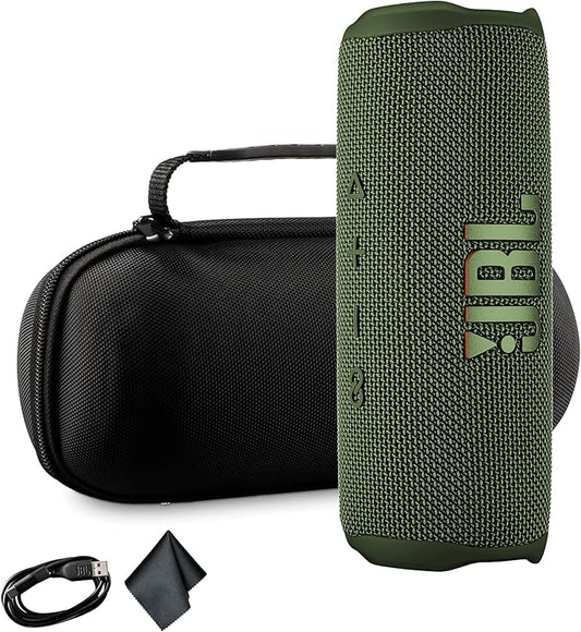 JBL Flip 6 Portable Wireless Speaker | Deep Bass Sound, IP67 Waterproof Rating | Bluetooth Audio for Outdoor, Travel, Beach, Hiking, and Home Use (Green) with Travel Case + Microfiber Cloth