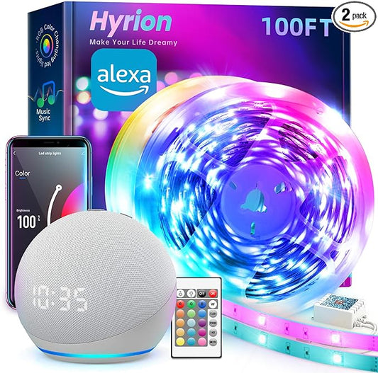 hyrion Smart LED Strip Lights 100ft WiFi, RGB Color Changing Lights Work with Alexa and Google Assistant, 16 Million Colors with App Control and Voice Control Led Lights for Bedroom, Room Decor