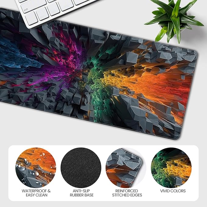 Large Gaming Mouse Pad, Colorful 3D Explosion Pattern, 35.4 x 15.7 Inches, Non-Slip Base, Waterproof, XXL Desk Mat