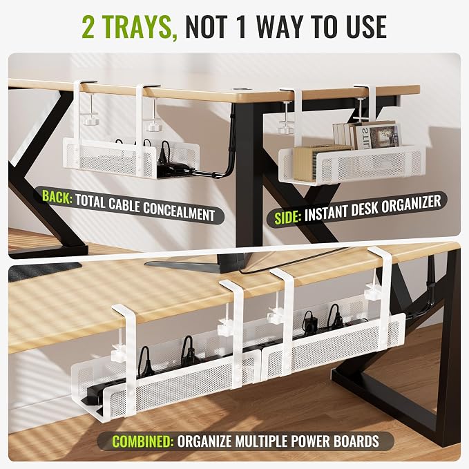 [Upgraded] 2 Pack Cable Management Under Desk Tray, Xpatee 27.6" No Drill Open Slots Cable Management Tray, Cord Wire Organizer Box with Clamp for Table Thickness up to 3" - No Desk Damage(White) - Image 2
