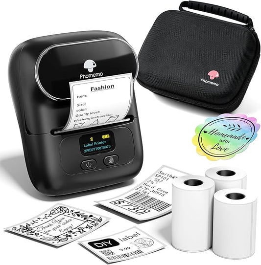 Phomemo Label Maker with 3 Roll Labels and Bag, Barcode Label Printer for Small Business, Logo Office, School, Home, Sticker Printer Compatible with Phones & PC