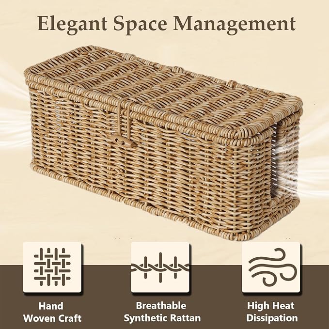 BROWNLILY Cable Management Box, Rattan Style Cord Organizer for Desk Cord Hider Outlet Covers Baby Proofing for Power Strip TV PC Router Charger Under Desk Storage with Lockable Lid and Cable Ties - Image 3
