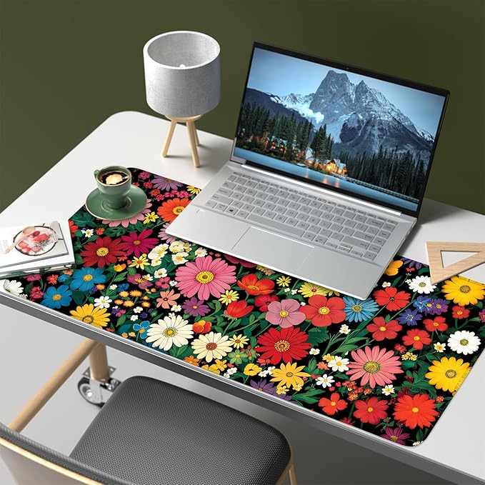 Mouse Pad, Large Anti-Slip with Stitched Edges Desk Mat Desktop Laptop Computer Desk Keyboard Mat,Table Protector Blotter Mat (Flower, 35.4" x 15.7")