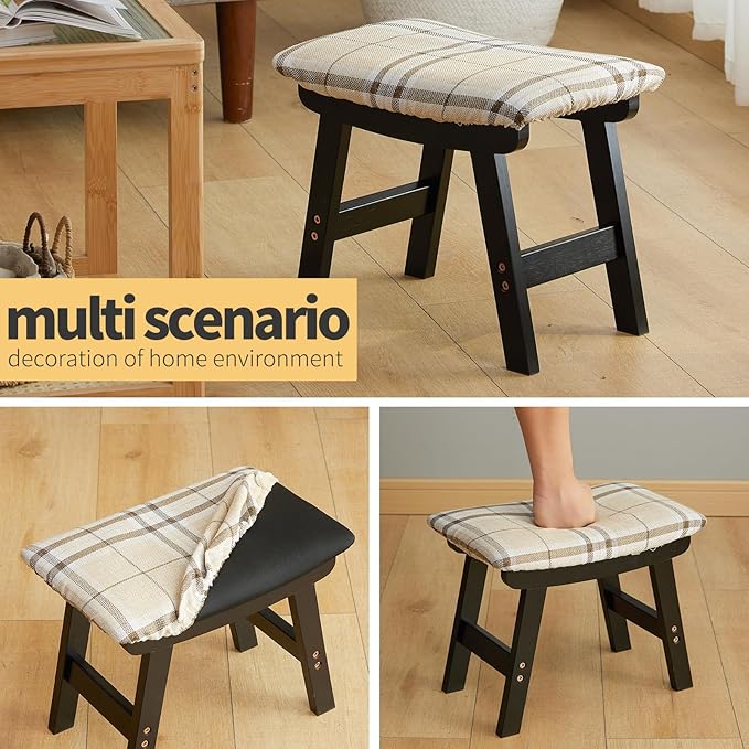 Foot Stool Ottoman Foot Rest Under Desk,Small Stool for Living Room, Bedroom and Kitchen (Black Legs - Stripes Stool Surface)