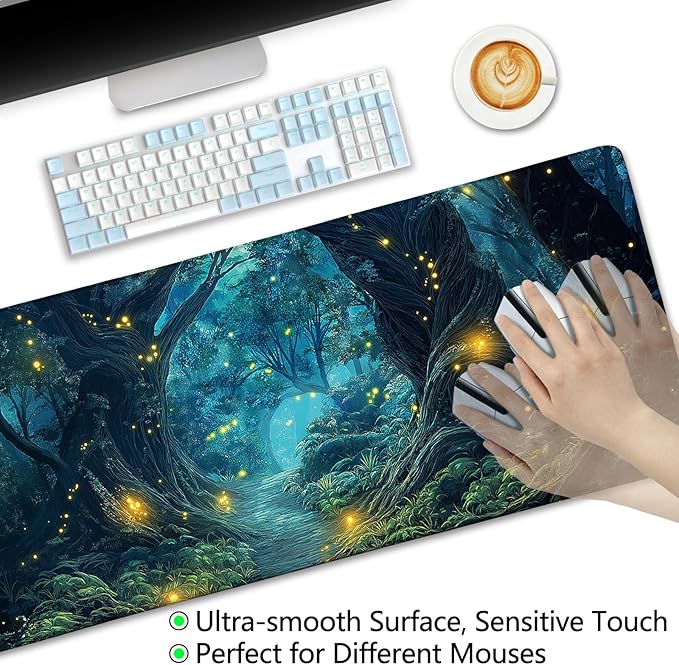 Firefly Forest Mouse Pad Large Desk Mat, Extra Large Gaming Computer Mousepad with Stitched Edges Non-Slip, Keyboard Mouse Pad for Desktop Cute Aesthetics Home Office Desk Accessories 31.5in
