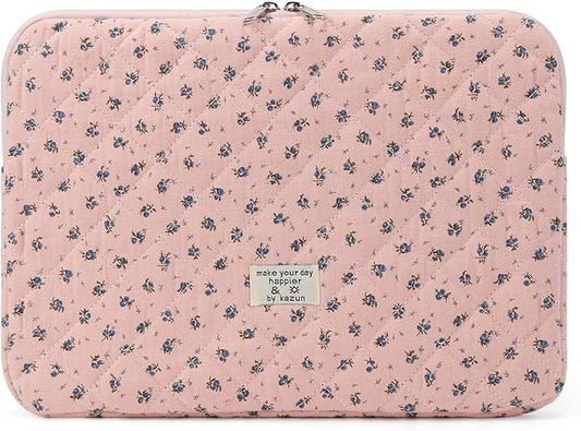 Puffy Laptop Sleeve 13-15.6 Inch Cute Quilted Laptop Protective Case Padded Floral Computer Sleeve for MacBook (A-Dark Pink, 15 Inch)
