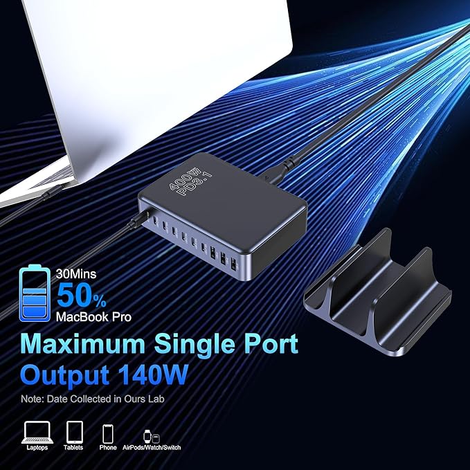 CHIPOFY 400W USB C Charger, GaN Compact 10-Ports PD3.1 140W PPS 45W QC20W Super Fast Charging Station for MacBook Laptop, iPad, iPhone 17/Pro/16/15, Galaxy S24/S23, Steam Deck and More