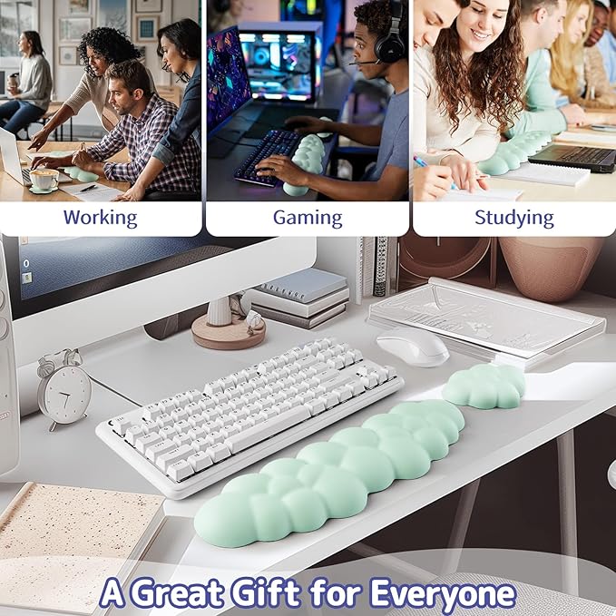 Sushret Cloud Wrist Rest Keyboard, Cloud Keyboard Wrist Pad Set with PU Leather Memory Foam, Cute Arm Rest for Palm Support, PC/Gaming Desk Accessories/Office Setup/Computer Hand Cushion - Light Green