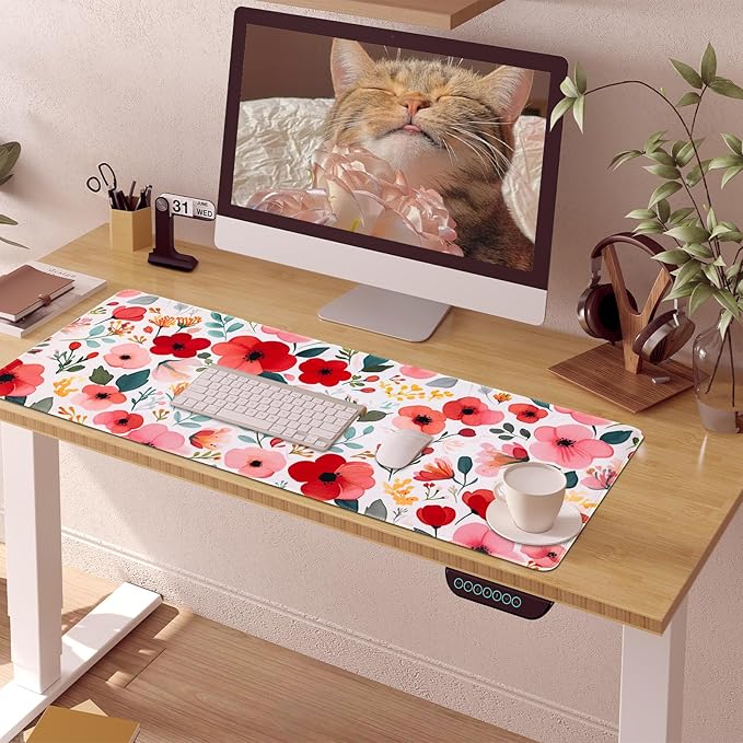 Floral Desk Mat, Desk Matt for Desktop Non-Slip, Large Mouse Pad with Stitched Edges, XL Computer Desk Mat for Women Office Decor (Red, 31.5" x 15.7")