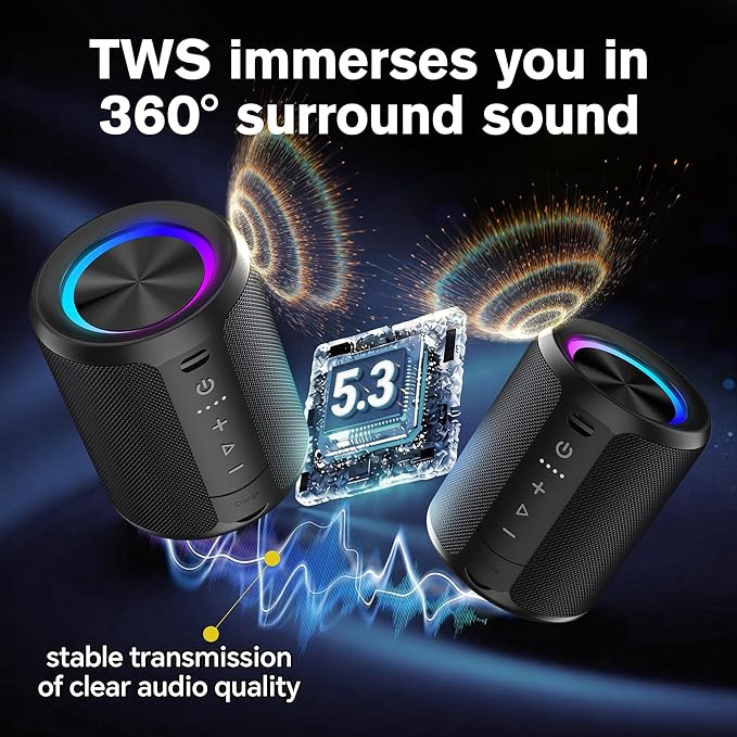 Portable Bluetooth Speaker, IPX7 Waterproof Wireless Speaker with 20W Loud Stereo Sound, 15H Playtime & Beat-Synced RGB Light, Small Outdoor Speaker for Shower, Pool, Beach, Hiking and Gifts