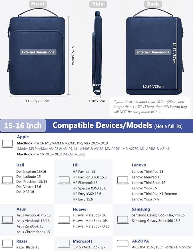 HYZUO 15-16 Inch Laptop Bag Sleeve for MacBook Pro 16 M5 M4 M3 M2 M1 Pro/Max A3428 A3429 2026-2019, 15" Surface Book, Notebook Case for 15" 15.6" Dell HP Lenovo Asus Acer Samsung, Navy Blue