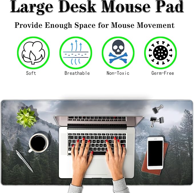 Gaming Mouse Pad - Green XXL Non-Slip Rubber Base 35.4" X 15.7" for Game Office, Park Nature Mountain Trees Mist