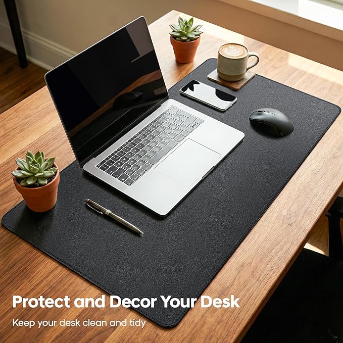 Leather Desk Pad Protector, Office Desk Mat, Large Mouse Pad, Non-Slip PU Leather Desk Blotter, Waterproof Computer Desk Writing Pad for Office and Home (Black, 23.6" x 13.7")