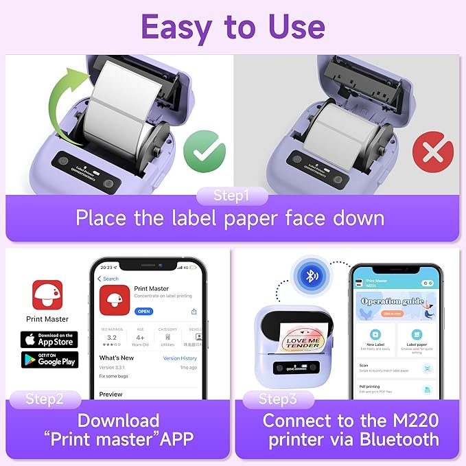 M220 Bluetooth Label Maker, Sticker Maker Support Printing 0.78-3.14 inch, Mini Thermal Printer for Small Business & Home，Portable Printer Compatible with Smartphone and PC （Purple）