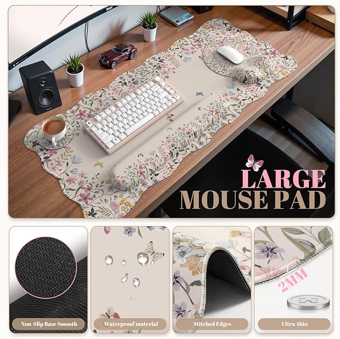 iCasso Desk Mat Set,Large Mouse Pad with Wrist Rest,Ergonomic Keyboard Wrist Support for Women,Girly Floral Computer Mat with Scalloped Edges,Non-Slip Desk Pad Home Office Gaming (Beige)