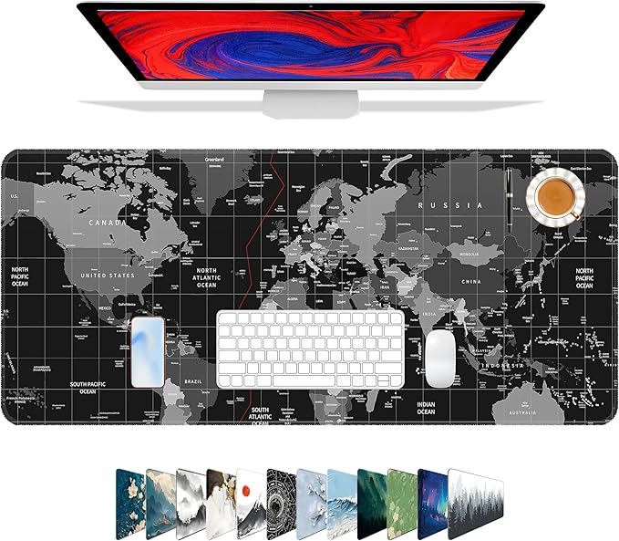 Galdas Mouse Pad for Gaming,XXL XL Large Mouse Mat Long Extended Mousepad Desk Mat Non-Slip Rubber Mice Pads Stitched Edges Thin (31.5 x 11.8 x 0.12 Inches),World Map Background