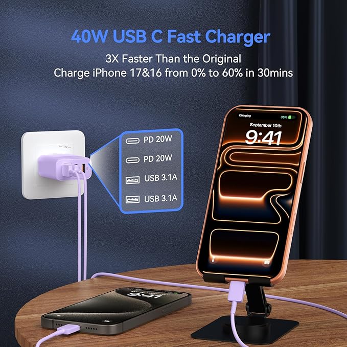 USB C Wall Fast Charger Block, 40W 4-Port Type C Charger Fast Charging Blocks PD Power Charger Adapter+QC 3.0 USB Multiport Charger Brick for Phone 17/16/15/14/13/12 Pro Max, Pad, Galaxy S25-Lavender