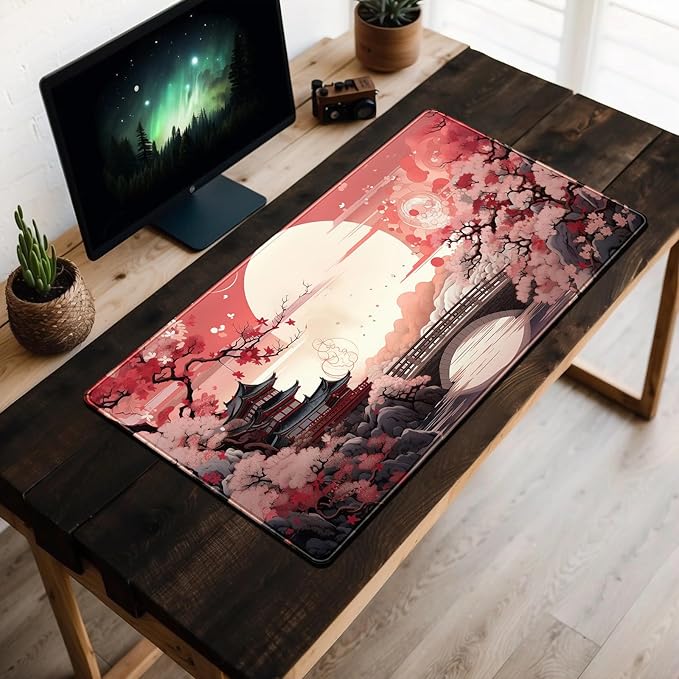 Pink Full Moon Desk Mat Japanese Sakura Blossom Large Mouse Pad Extended Japan Aesthetic Gaming Mousepad XXL Keyboard Pad Mouse Mat 31.5''X15.7'' Desk Pad Office Decor