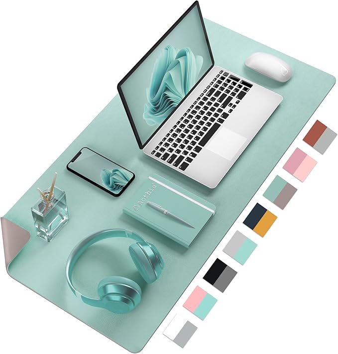 Desk Mat Large protector Pad - Multifunctional Dual-sided Office Desk Pad,Smooth Surface Soft Mouse Pad,Waterproof Desk Mat for Desktop, Pu Leather Desk Cover for Office/Home(Lake Blue, 23.6" x 13.7")
