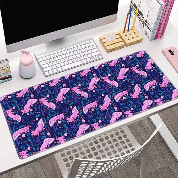 Axolotl Large Gaming Desk Mat - 31.5x11.8 inches Extended XL Big Cute Mouse Pad Waterproof with Non-Slip Base and Stitched Edges for Computer Keyboard