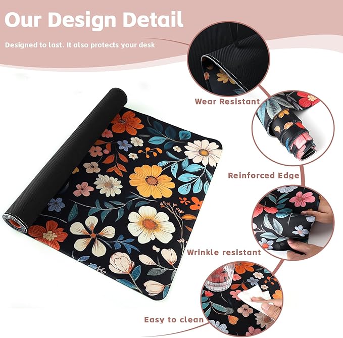 Baziabbo Floral Desk Mat,XXL Extended Big Mouse Pad,Gaming Mousepad with Stitched Edge,Non-Slip Rubber Base Keyboard Desk Pad for Home Office Study Game