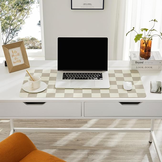 Checkered Desk Mat, Large Cute Aesthetic Retro PU Leather Computer Laptop Desk Mat, Non-Slip Waterproof Mouse Keyboard Pad, Desk Writing Mat for Work/Home (Khaki, 23.6" x 13.7")