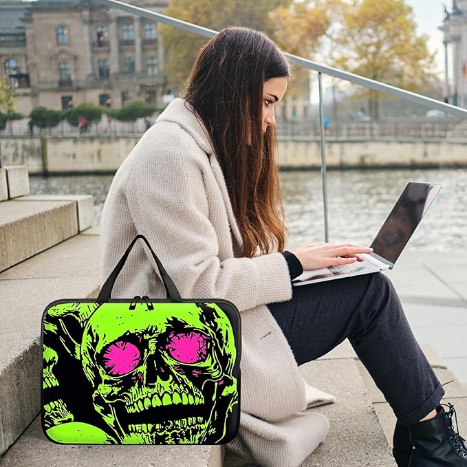Universal Tablet Laptop Sleeve Case 10 inch, Neon Green Skull Slim Carrying Case Travel Laptop Bag Durable Handbag for 7 to 10-inch Laptops/Notebook/Kids Tablet/ipad/eBook Readers