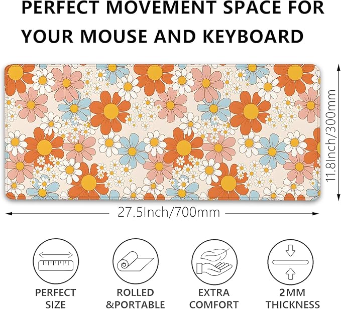 Vintage Floral Mouse Pad Daisy Desk Pad,Retro Flower Mouse Mat,Floral Desk Mat Mouse Mat for Desk,Keyboard and Mouse Pads,Gaming Mouse Pad Mousepad for Computer Office Home Work
