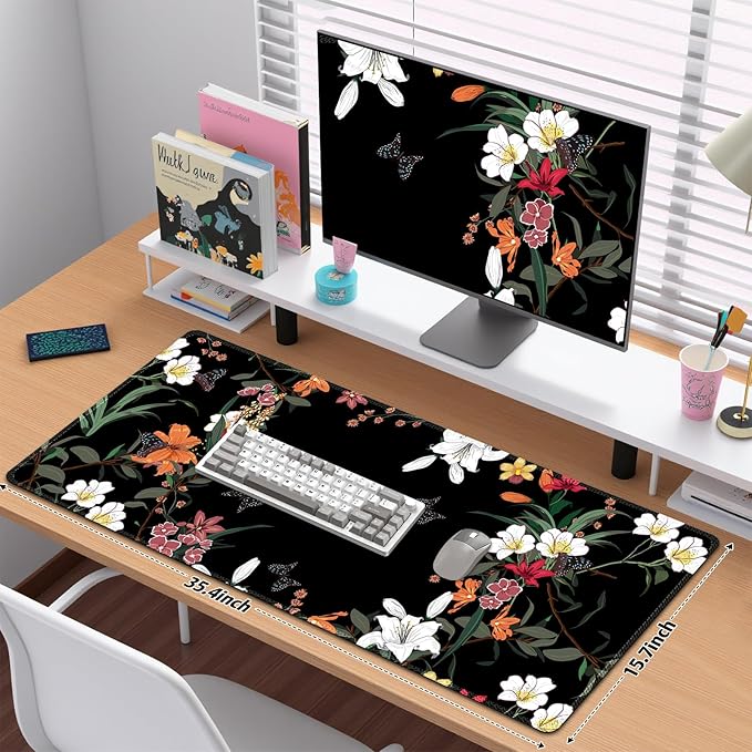 Desk Matt for Desktop, Desk Pad Mat, Desk Mat for Keyboard and Mouse, Large Mouse Pad for Desk, Anti-Slip Big Mousepad with Stitched Edges, Mouse Mat for Computer Laptop, Blooming Lilies Flowers