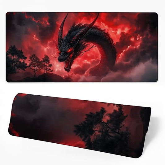 Desk Mat Red Black Dragon Desk Pad for Keyboard and Mouse, Large Big Gaming Mouse Pad with Stitched Edges for Work Game, 35.43 x 15.75 in