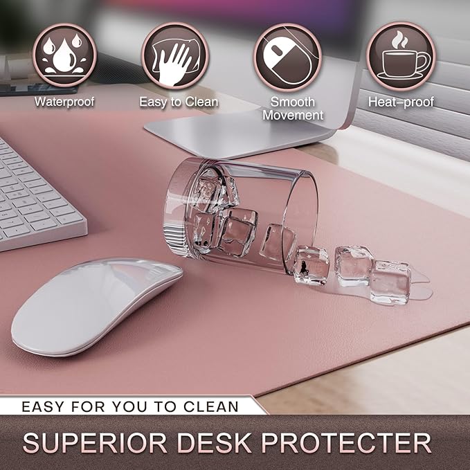 K KNODEL Leather Desk Pad Protector, Office Desk Mat, Large PVC Leather Desk Blotter, Non-Slip Mouse Pad (Pink, 17" x 35.4")