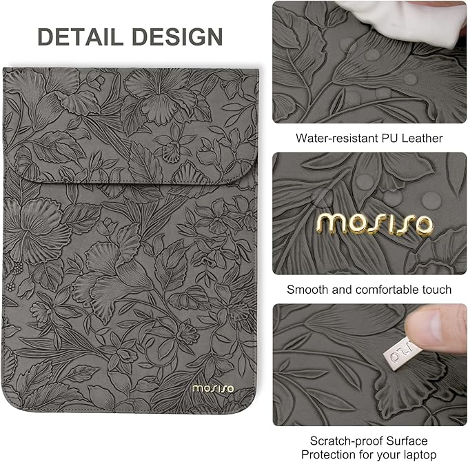 MOSISO Laptop Case 13 inch, 13 inch Laptop Sleeve Compatible with MacBook Air M4 M3 M2 M1 2025-2018 / Pro M2 M1 2025-2016, Embossed Retro Hibiscus PU Leather Case with Small Bag, Gray