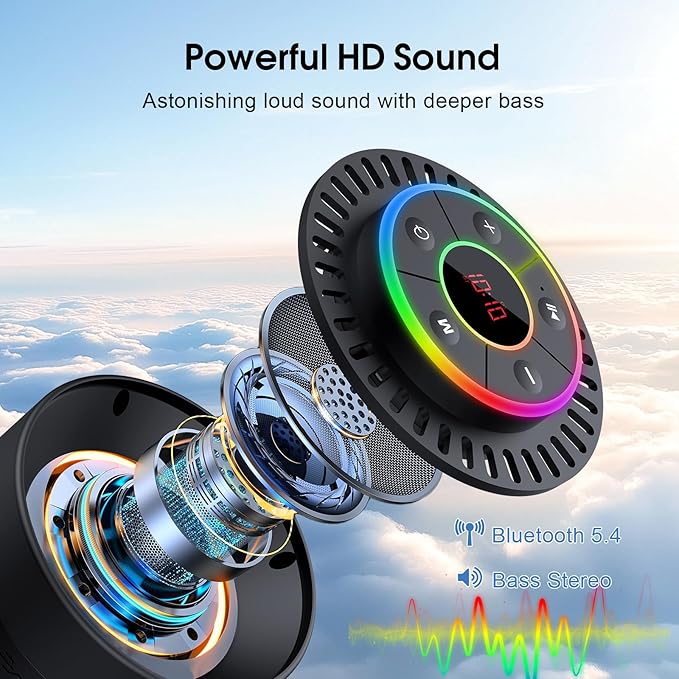 Bluetooth Speaker, Shower Speaker IPX7 Waterproof, Speakers Bluetooth Wireless with Rich Bass, Portable Speaker with LED Light, Suction Cup,8H Playtime, for Bathroom Party Beach, Ideal Gifts, Black