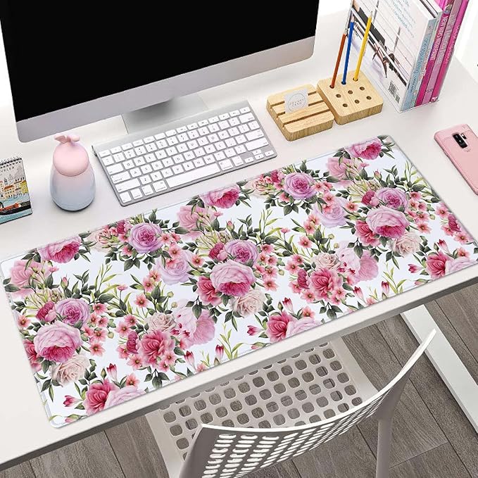 Floral Pattern with Roses Desk Mat Pink Large Extended Mouse Pad XL Desk Pad Gaming Mousepad Keyboard Mouse Mat for Computer Laptop 31.5''X11.8'' Non-Slip Rubber Base with Stitched Edges