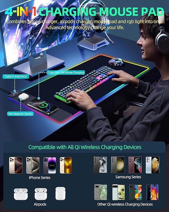 Wireless Charging Mouse Pad, RGB Gaming Mousepad, 31.5"x15.7" Extra Large Desk Pad, 13 Light Modes, Ultra-Smooth Surface, Non-Slip Base, Waterproof Computer Keyboard Mat for MacBook, PC, Laptop, Black